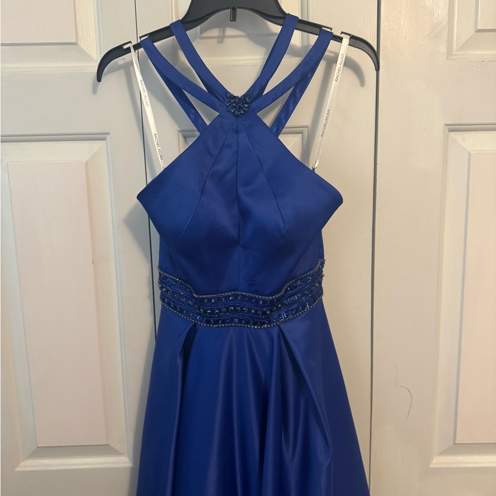 Elegant Blue Halter Dress with Beaded Waist